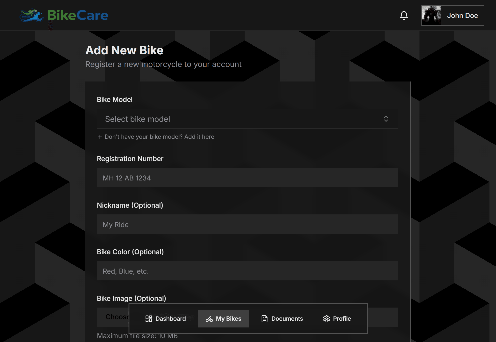 BikeCare step 02: Register Your Bike — Search from a catalog of verified motorcycle and scooter models. Enter your regi