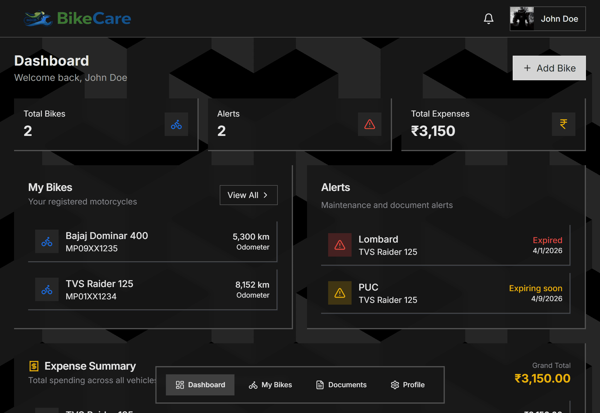 BikeCare step 06: Your Dashboard Works for You — Maintenance and document alerts surface automatically. Total expenses summarized