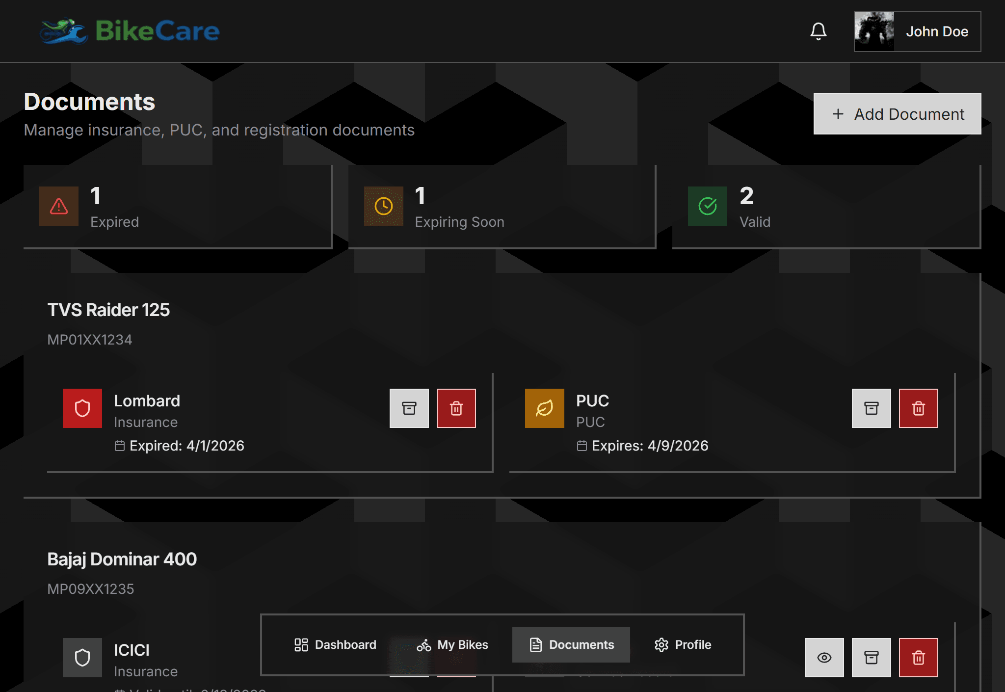 BikeCare step 05: Upload Your Documents — Drag and drop your PUC, insurance, and RC. Set expiry dates and get email remind