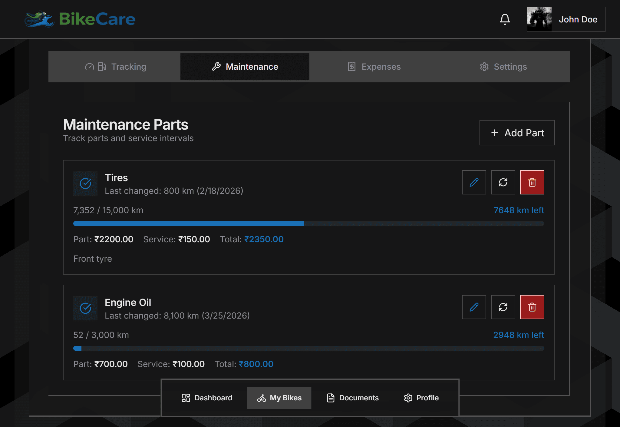 BikeCare step 03: Set Up Maintenance Tracking — Add parts like engine oil, chain, brake pads, and tyres. Set the km change inter