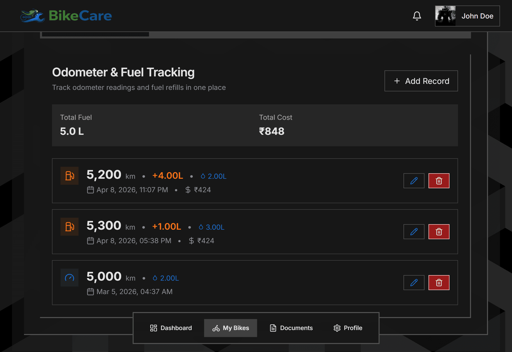 BikeCare step 04: Log Rides and Fuel Fill-Ups — Record your odometer after each fill-up. BikeCare calculates distance covered an